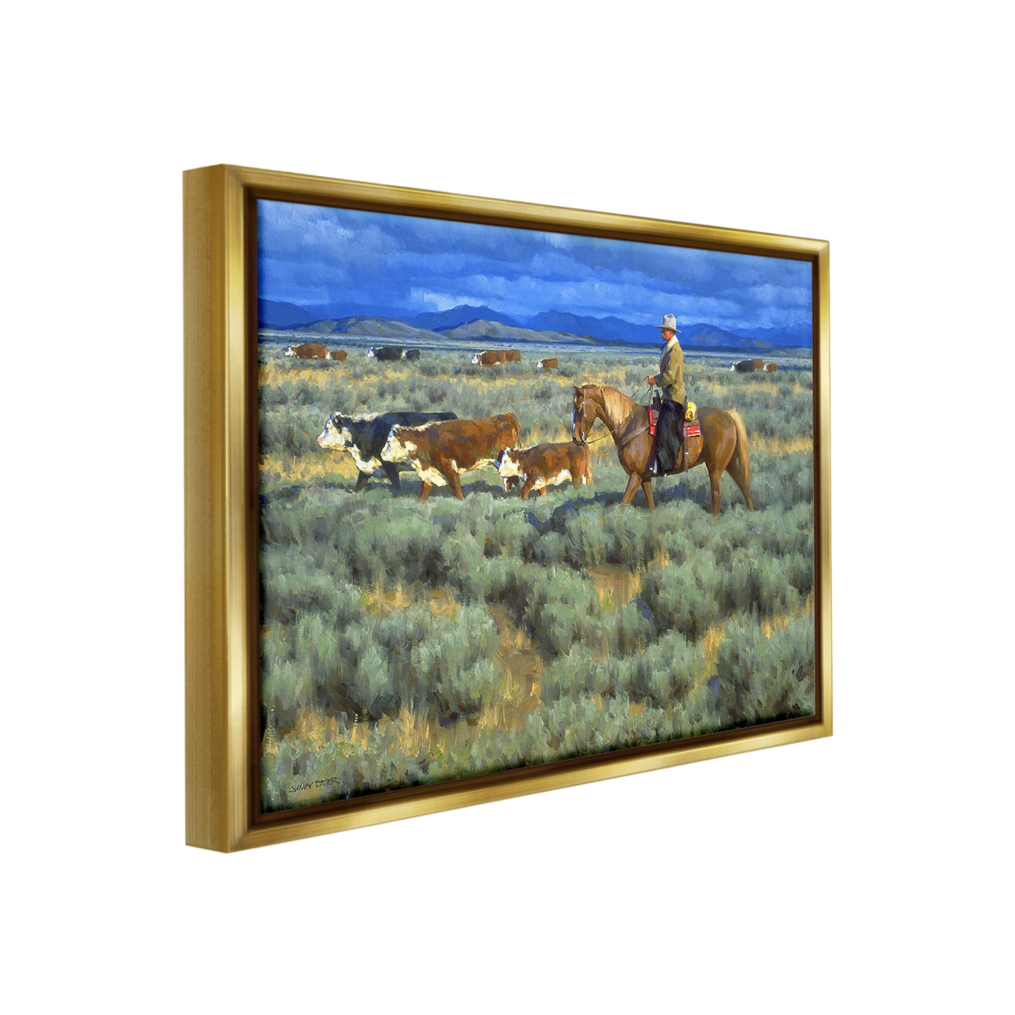Stupell Industries Cowboy Rounding Cattle Animals & Insects Painting Gold Floater Framed Canvas Art Print Wall Art, 31 x 25
