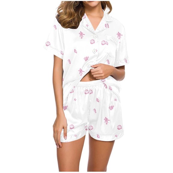 WRKEKC Silk Pajamas for Women Printed Silk Casual Short Sleeve Collared Short Pant Set Sleepwear Set for Women Home Outfit