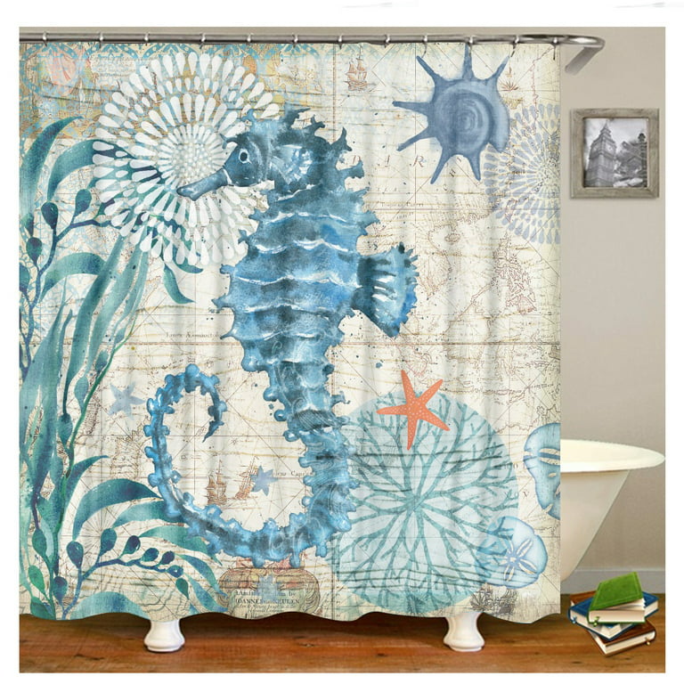 Sea Turtle Shower Curtain,Ocean Animal Landscape Bath Curtain with Hooks  for Bathroom Decor,Summer Decoration 