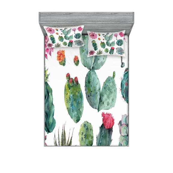 Ambesonne Nature Fitted Sheet & Pillow Sham Set, Botanic Herbal Cartoon, Queen, Green and Pink