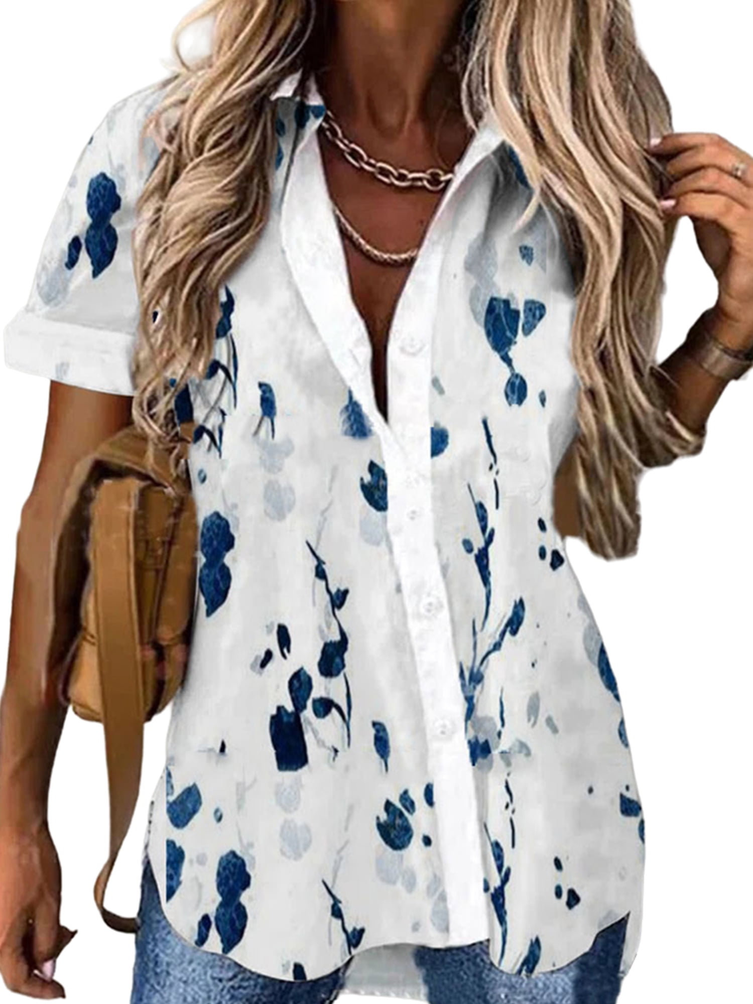V-Neck Button-Down Printed Blouse