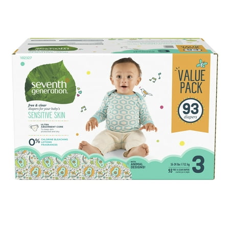 Seventh Generation Free & Clear Baby Diapers with Animal Prints Size 3, 16-28lbs 93 count