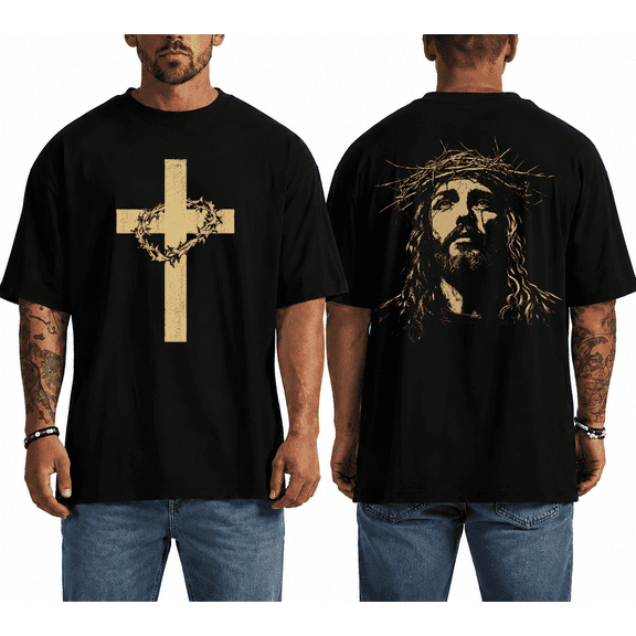 GODMERCH Christian Shirts for Men Vintage Jesus Crown of Thorns Cross T Shirt Religious Faith Inspirational Graphic Tee
