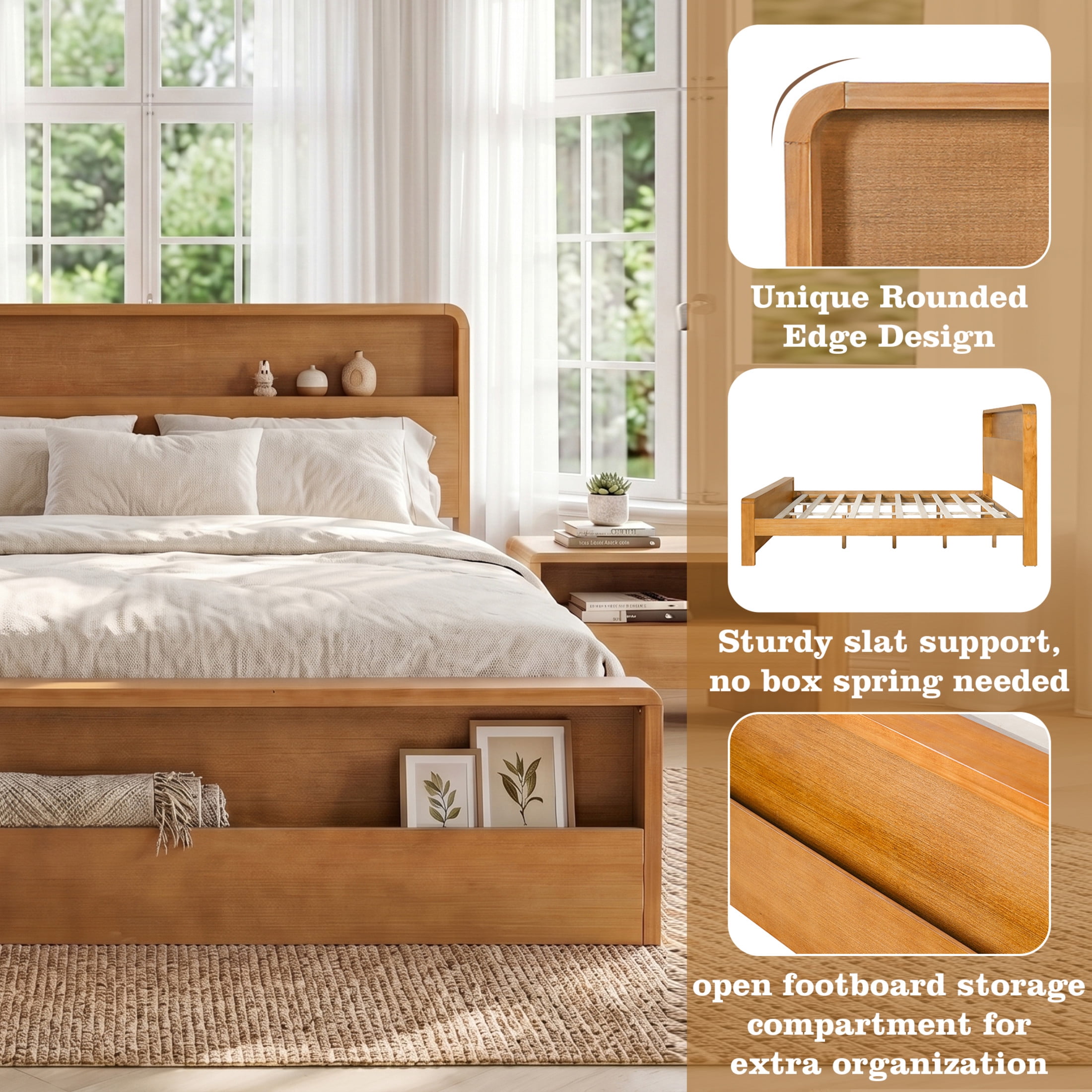 Christopher Knight Home Queen Solid Wood Bed Frame with Open Storage Headboard & Footboard, Light Brown