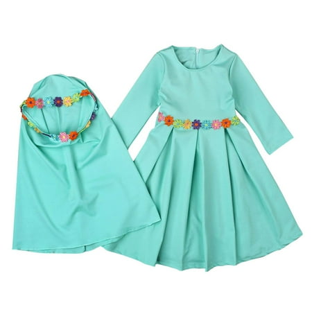 

Mikilon Girls Long Sleeve Solid Color Round Neck Dress Lace Turban Two Piece Muslim Children s Clothing for 4.5-5 Years Child