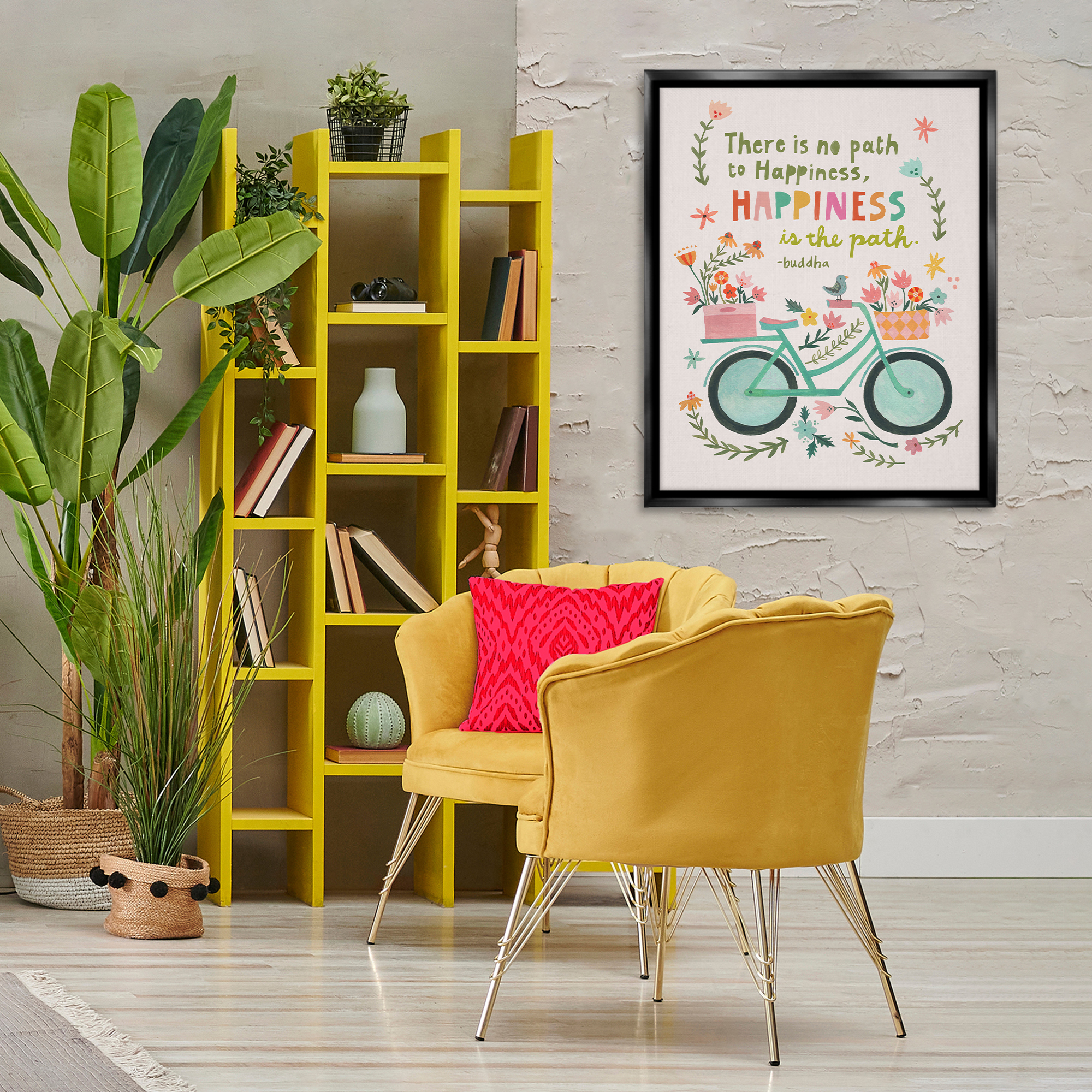 Stupell Industries Happiness Is The Path Transportation Painting Black Floater Framed Canvas Art Print Wall Art, 25 x 31