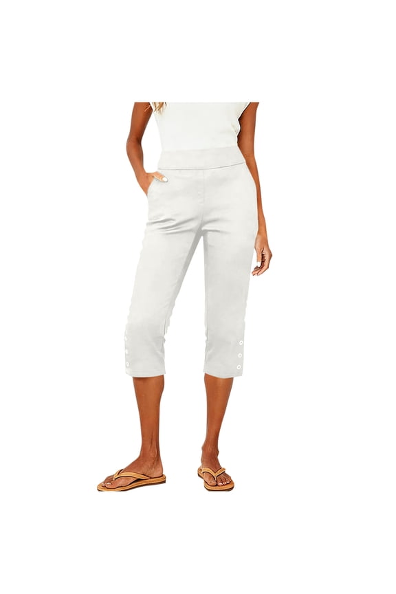 Women's Capri Pants All Season relaxed fit elastic waist button waist solid color button detail with pockets casual White XXL