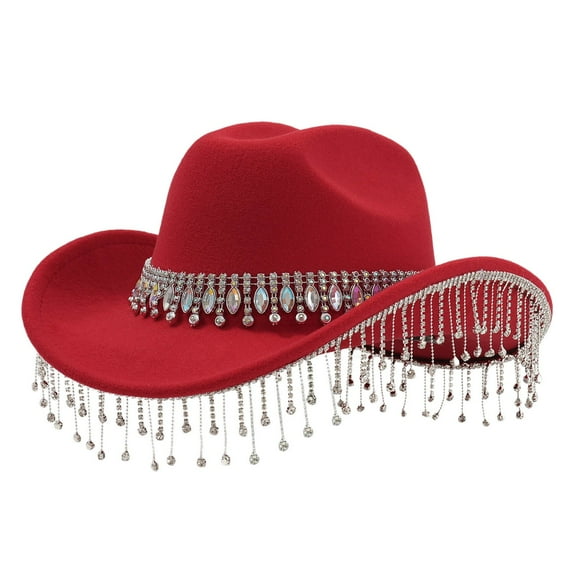 HJYCHN Stylish Western Cowboy Hat For Women Men With Large Round Gemstone Rhinestone Fringe Decorations Ideal Party Event Accessory Red One Size