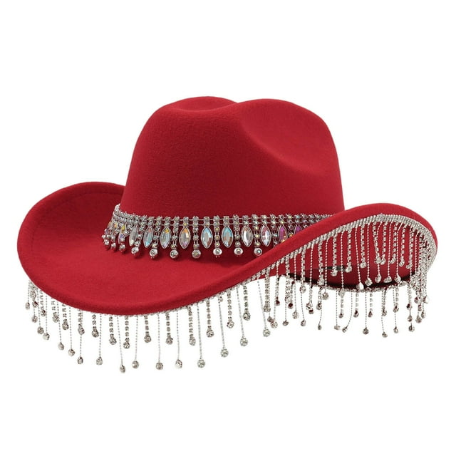 Aocisk Stylish Western Cowboy Hat For Women Men With Large Round Gemstone Rhinestone Fringe Decorations Ideal Party Event Accessory Red One Size