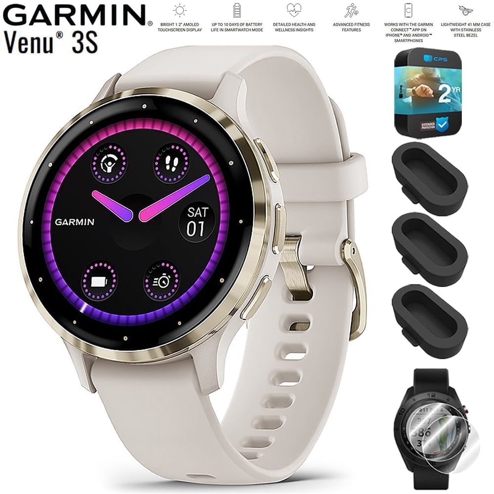 Garmin 010-02785-04 Venu 3S Health Fitness GPS Smartwatch Gold Steel Bezel with Ivory Case 41mm Bundle with Dust Cover 3 Pack, 2-Pack Screen Protector and 2 YR CPS Enhanced Protection Pack