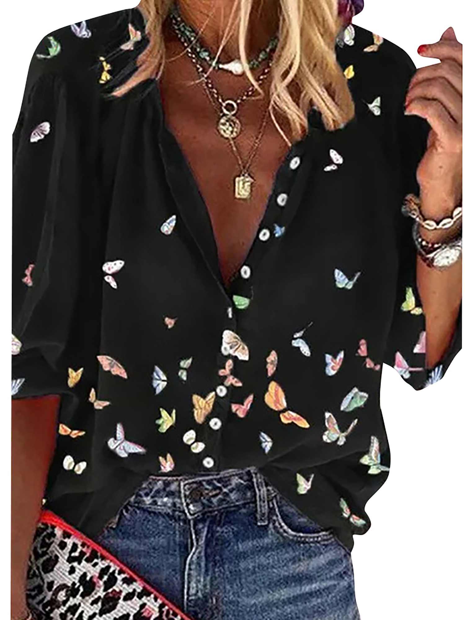 Womens Summer Tops Casual 3//4 Sleeve Blouses Loose V Neck T Shirts Ladies Fashion Butterfly Print Tunic Tops