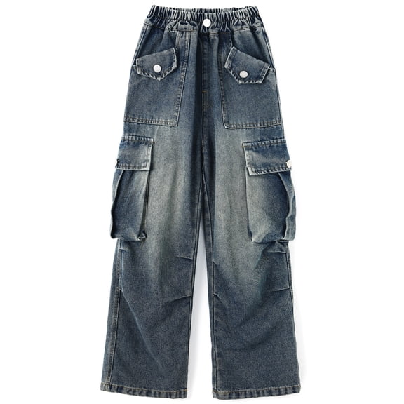 KIDSCOOL SPACE Girls Cargo Jeans , Wide Leg Ribbed Waist Denim Pants with 4 Flap Pockets,Grey Blue,11-12 Years
