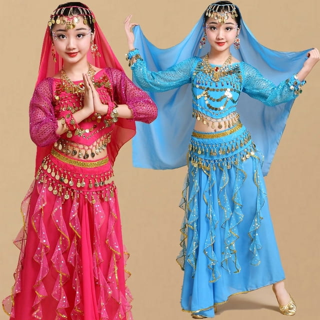 Traje de danza india de manga larga para niños Traje de danza de Xinjiang Traje de danza del vientre para niñas