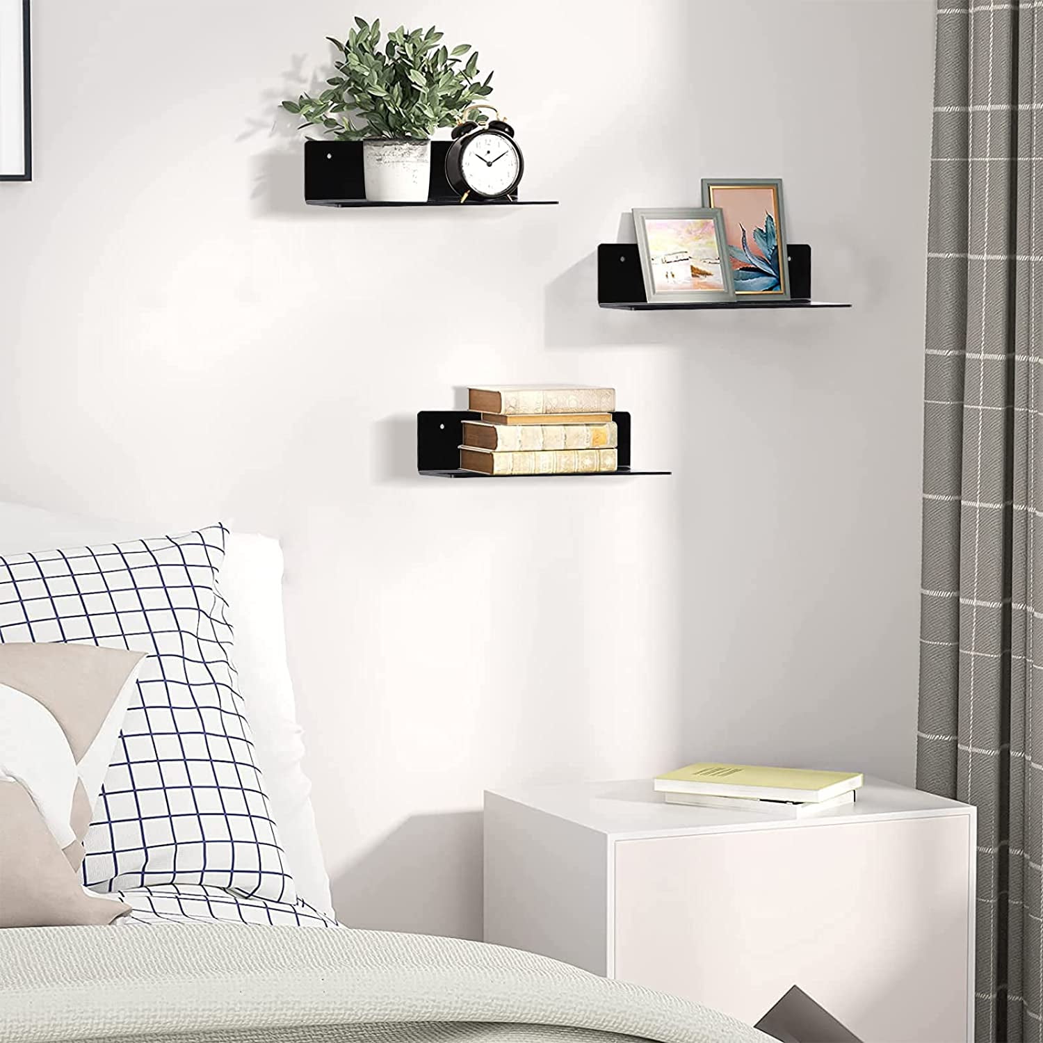 9 Inch Acrylic Floating Shelf No Drill Adhesive Wall Shelf Set of 4 for Funko Pop Storage, Floating Shelves Damage-Free Expand Wall Space for Living Room, Bathroom, Gaming Room, Office - Black