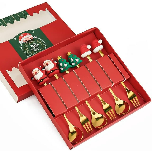 Christmas Spoon Stainless Steel Christmas Tree Tea Spoon for Home, Xmas Coffee Spoon Dinner Forks Dessert Spoon Stirring Spoon Ice Cream Spoon Creative Tableware Gift, Holiday Party Supply (6pcs-C)