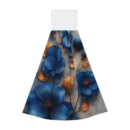 

Qekee Elegant Blue Gold Blooms Print Hanging Kitchen Towels Coral Velvet Wipe Hand Towel Absorbent Hand Towels Microfiber Tie Towel for Bathroom Kitchen Decor