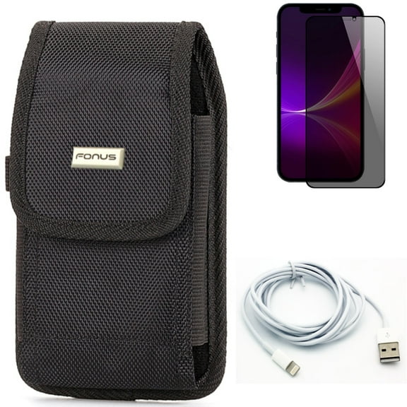 6ft USB Cable & Privacy Screen Protector & Case Belt Clip for iPhone 13 Pro Max ONLY - Charger Cord Power Wire   Tempered Glass Curved Anti-Spy   Rugged Holster Canvas Combo