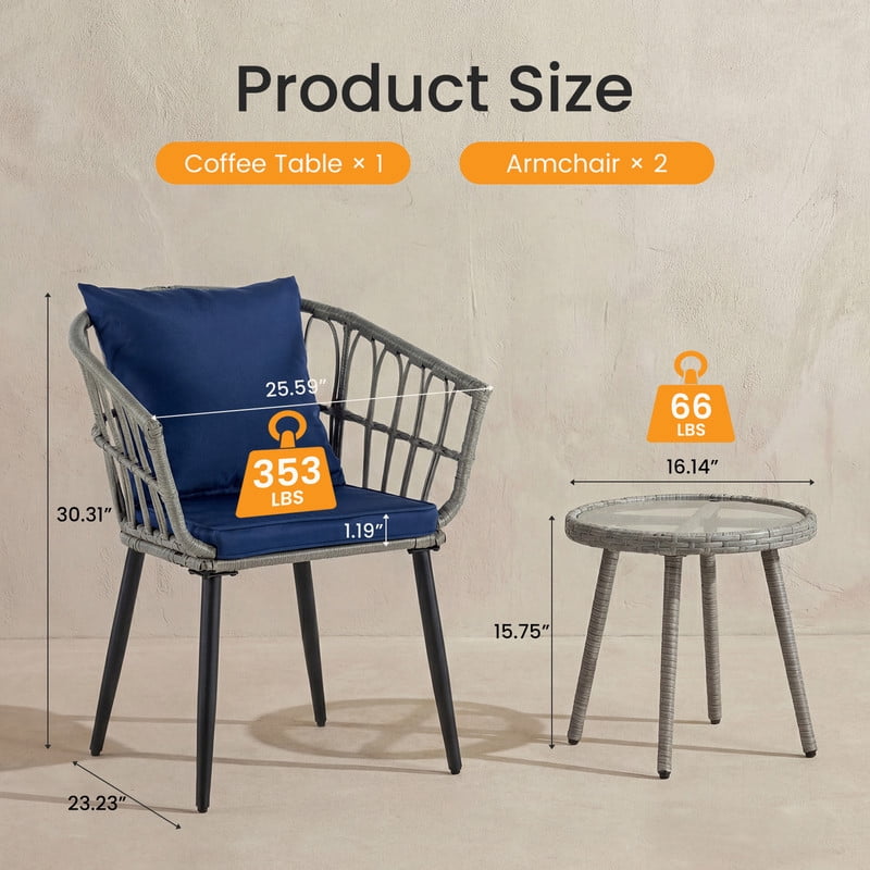 Gianna 3 Piece Outdoor Patio Furniture Set, Wicker Bistro Chairs with Glass Top Table for Apartment Balcony, Small Backyard, Porch and Deck, Gray