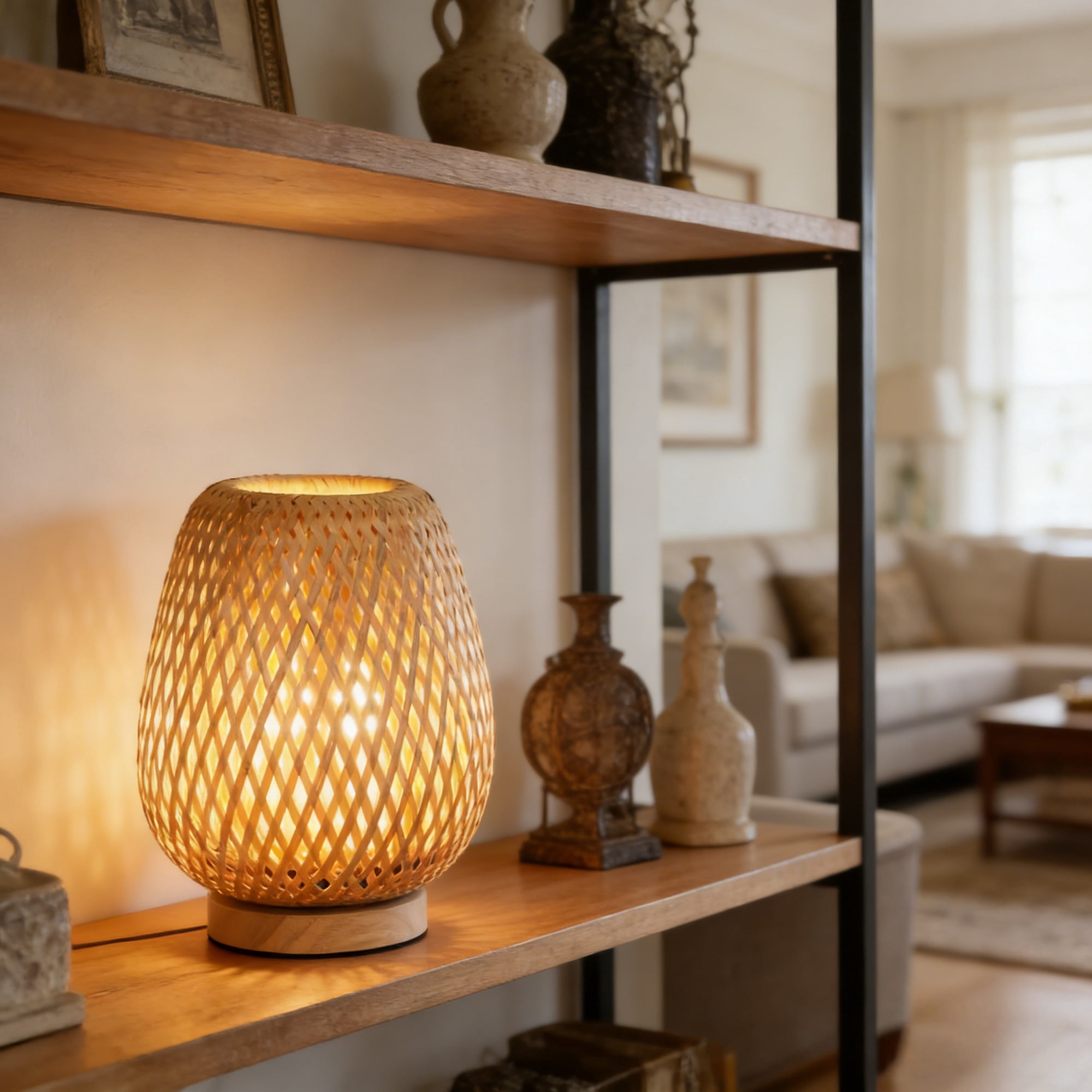 MEHOOM Rattan Table Lamp for Bedroom, Dimmable Unique Bedside Lamp, Farmhouse Desk Lamp for Bedroom, Living Room, Boho Rustic Decor (Natrue Bamboo)