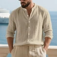 thumbnail image 4 of Men's Linen Shirt Button Down Long Sleeve Cotton Band Collar Casual Beach Shirts Stylish Solid Color Loose Blouses (3XL, Khaki), 4 of 6