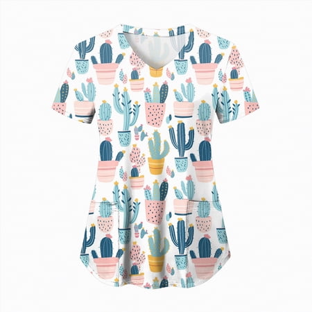 TOWED22 Scrubs for Women V Neck Short Sleeve Printed Tops Cartoon Pattern Plus Size Nursing with Pockets(Navy XL)