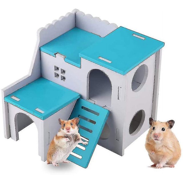 Casa de madera para hámster, cabaña escondida de Animal PEQUEÑO equipada con escalera, cabaña de dos pisos para hámster