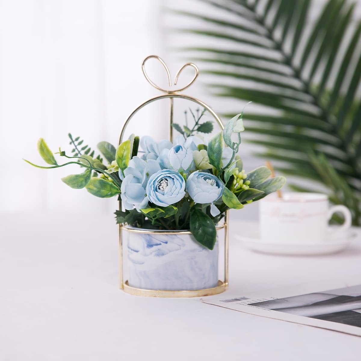 Artificial Flowers Hydrangea with Ceramic Vase Silk Chrysanthemum Mini Potted Fake Flowers Hanging Potted Plants for Wedding Home Office Decoration Pack of One (White)