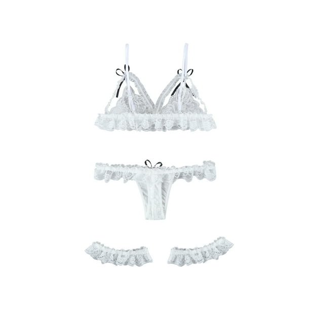 Women Two-piece Lingerie Set, White Suspender See-through Underwear and  Panties
