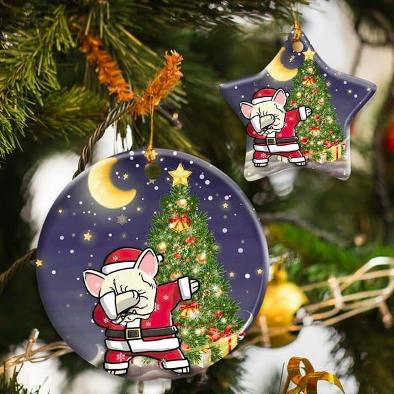 Flagwix Ceramic Christmas Tree Ornaments| French Bulldog Christmas Hanging Ornament With Ribbon|Christmas Gifts - Circle, 1 Pcs