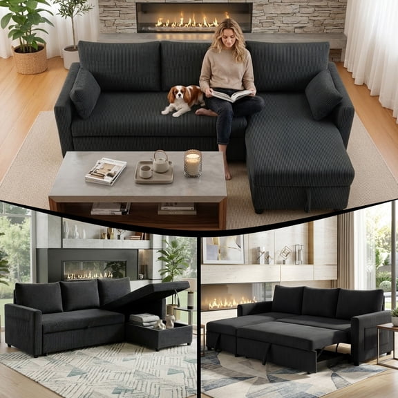 L-Shaped Sectional Sofa,3-Seater Convertible Couch,Pull Out Sleeper Sofa Bed with Hidden Storage for Small Living Room, Apartment,Corduroy,Black