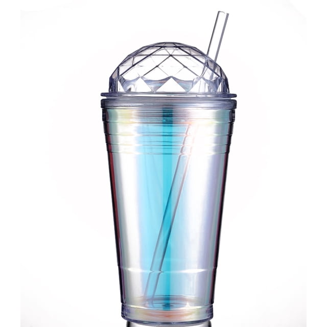 Vaso de agua fría con forma de cúpula de 560 ml, vaso para bebidas, vaso de agua con láser de diamante de color de plástico de doble capa
