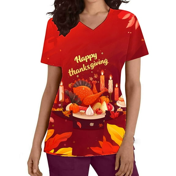 Xfvqtps Thanksgiving Scrub Tops for Women Soft V-Neck Scrubs Comfortable Nursing Uniforms Short Sleeve Tops Turkey Print Blouse Protective Clothing Working Uniforms with Pockets Red