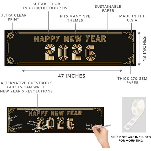 Koyal Wholesale 47x13 Happy New Year Banner Black Gold Roaring 20s Art Deco Décor