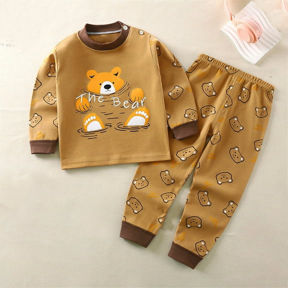 Aodebiao 2024 Toddler Baby Items Kids Winter Boys Girls Solid Color Bear Print Long Sleeved Home Wear Clothes Suit
