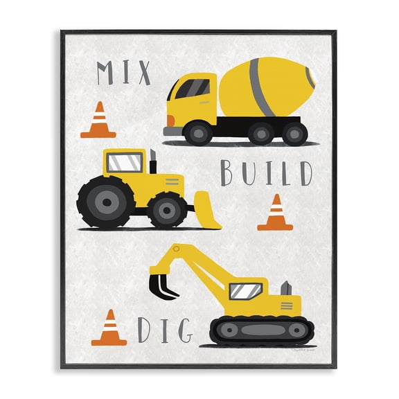 Stupell Industries Mix Build Dig Trucks Quotes and Sayings Painting Black Framed Art Print Wall Art, 11 x 14