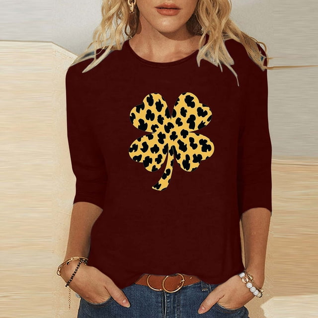TaTaai Women St. Patrick's Print Crew Neck 3/4 Sleeve Black T-Shirt Loose Casual Top Ladies Spring Street Wear Lightweight Breathable Non-See-Through No Fading Soft Top Gift