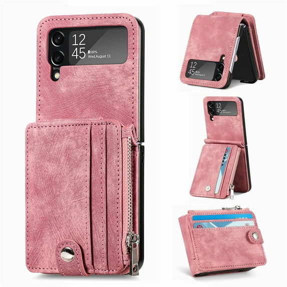 SaniMore for Samsung Galaxy Z Flip 4 6.7" 2022 Case, Detachable Zipper Wallet Card Slots Kickstand Wireless Charging Wear-resistant PU Leather Shockproof Folding Case for Galaxy Z Flip 4, Pink
