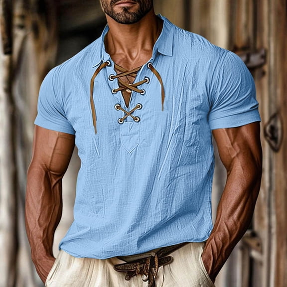 Dianli Gifts Shirts for Men Beefy Muscle Short Sleeve Solid Color T-Shirt Round Neck Lapel Lace-Up Retro Casual Muscle-Fit Lightweight Breathable Cotton-Blend Tee Summer Casual