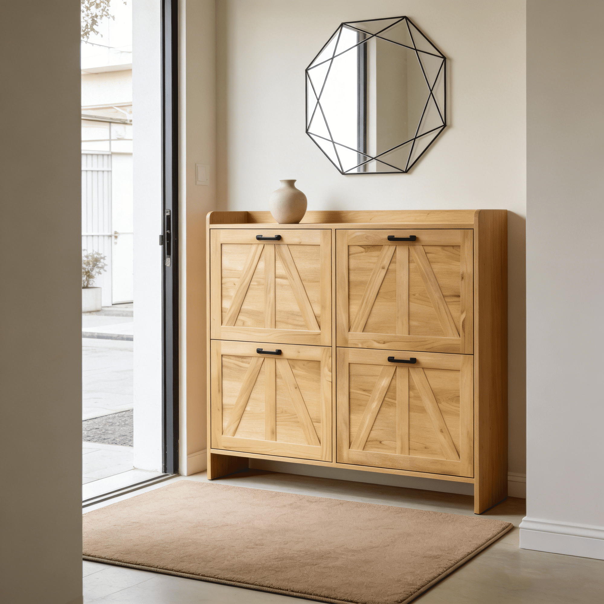 Leumius Modern Fence Shoe Cabinet with 4 Flip Drawers, Sleek Space-Saving Entryway Organizer for Living Room Oak