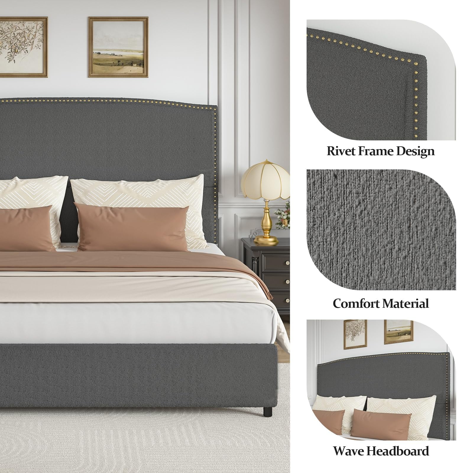 4 EVER WINNER Queen Bed Frame with 56" Tall Headboard, Queen Size Bed Fwith Nailhead Trim Headboard, Queen Upholstered Platform Bed, Grey