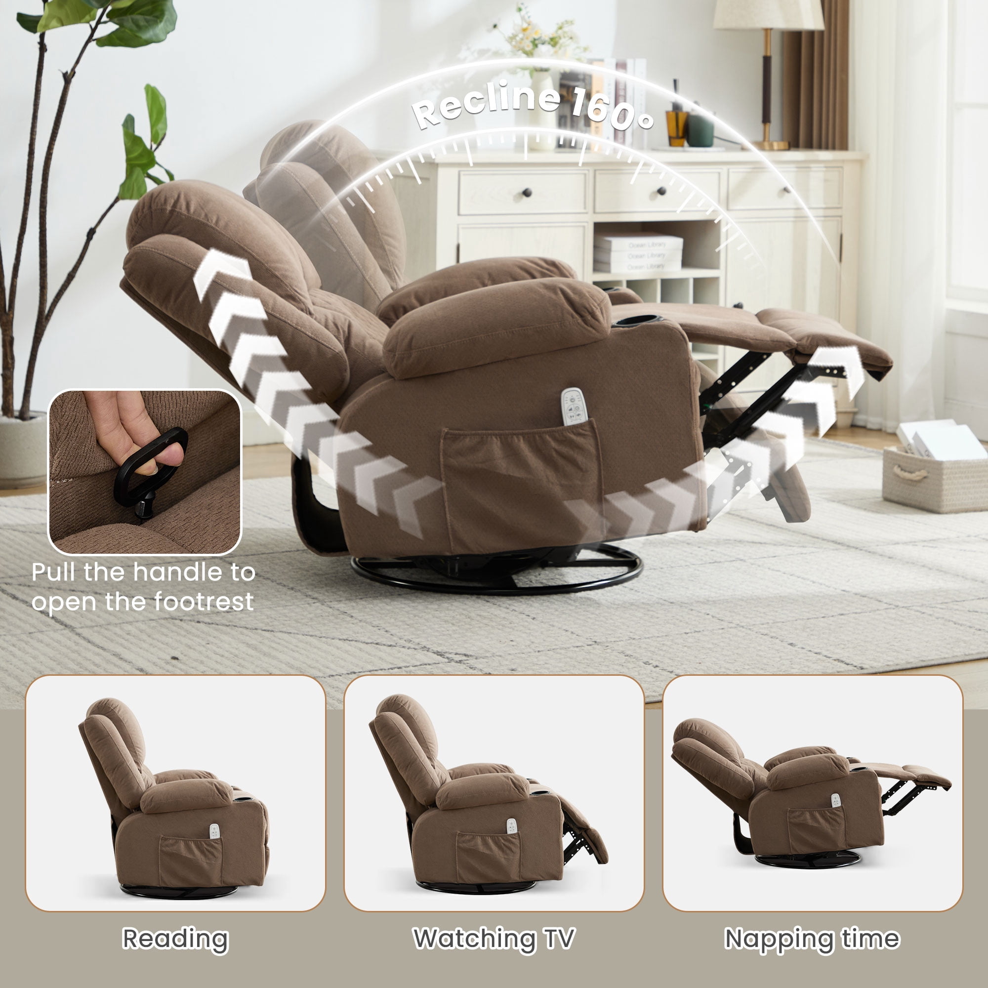 JONPONY Kneading Massage Rocker Recliner Chair with 4-Point 3D Kneading Massage and Heat Ergonomic Lounge Chair for Living Room with Rocking Function and 2 Cup Holders, USB Charge Port,Brown