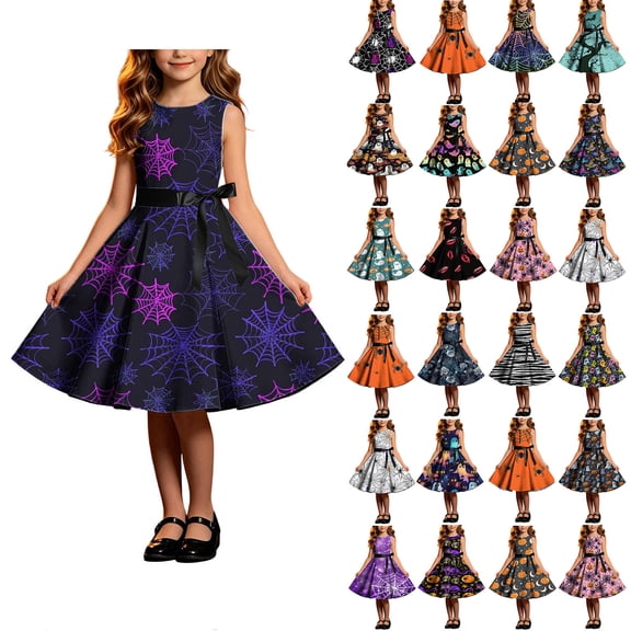 Girls Halloween Dress Fashion Casual Holiday Casual A Line Dresses Sleeveless Crew Neck Sundress with Cute Bow (13 Years, Purple)