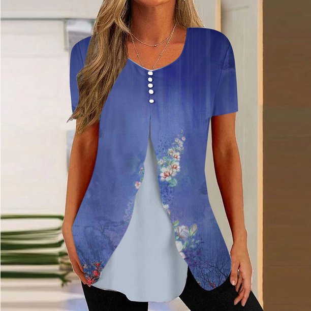 ICHUANYI Clearance Womens Summer Printed Patchwork Buttons Short Sleeve Rround-Neck Casual Blouse Tunic Tops(Navy, L) ICHUANYI WER2023081504319