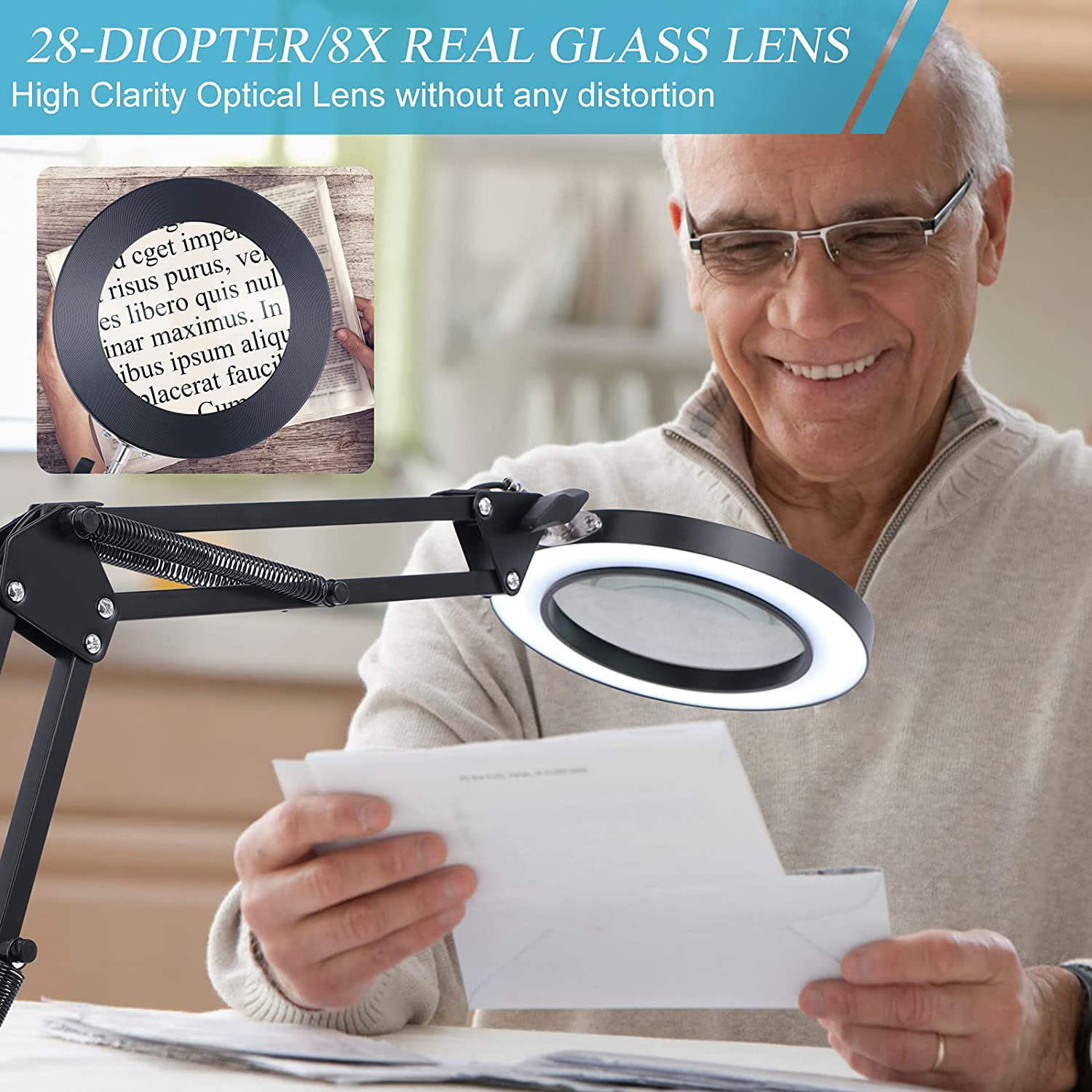 Magnifying Glass with Light and Stand 8X Real Glass Lens Magnifying Lamp  F0I4