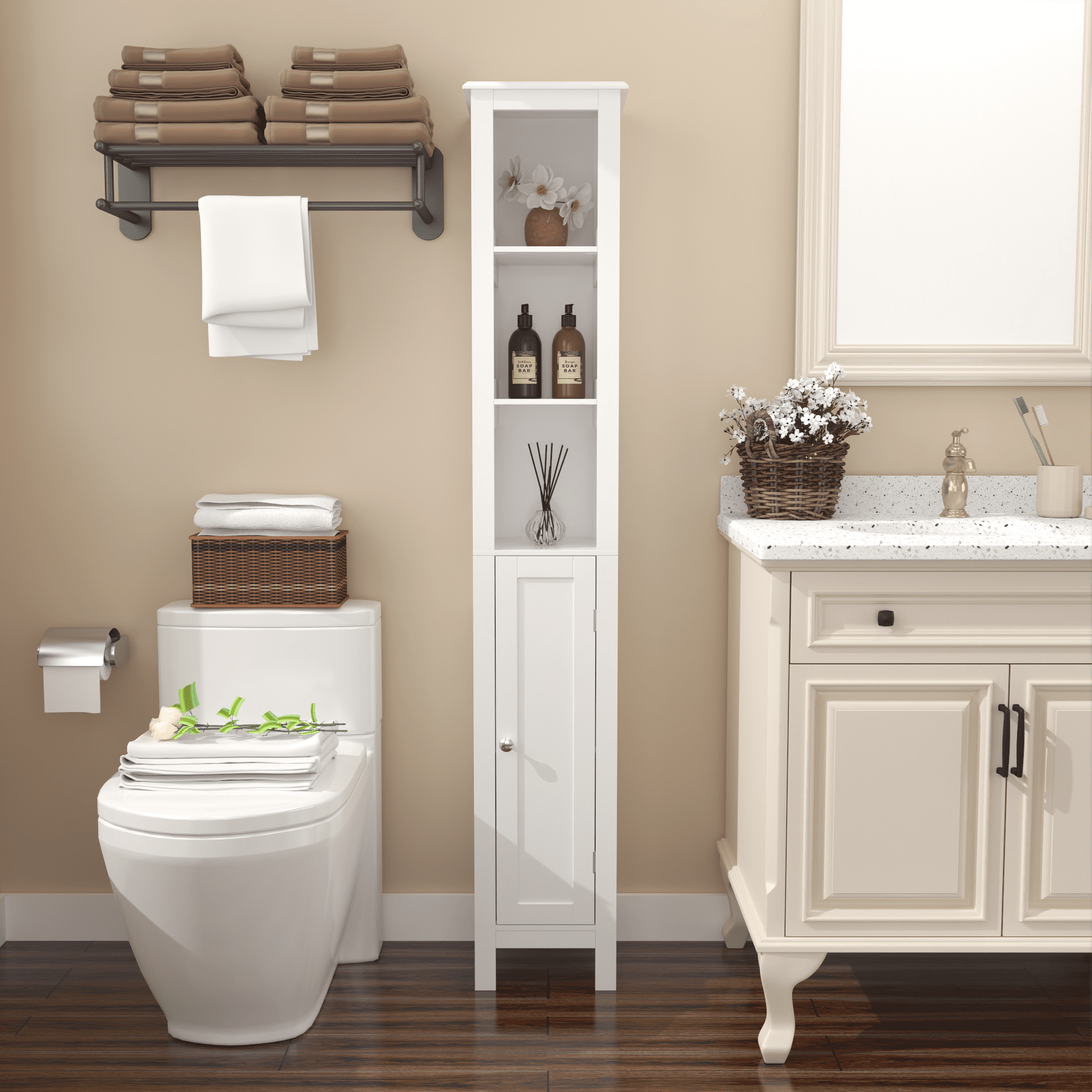 Aukfa 66.92" Wood Storage Cabinet, Slim Freestanding Cabinet with Anti-Tip and Adjustable Shelves for Small Spaces, Bathroom,Kitchen, White