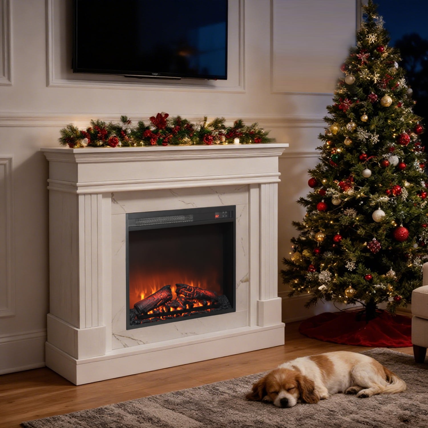 Lisonu 44" Nordic White Electric Fireplace Mantel with Realistic 3D Flame, Faux Stone Texture Surround & Remote Control for Cozy Living Room Decor