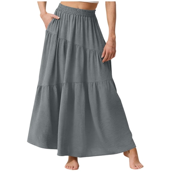 Aoochasliy Women Summer Solid Color High Waist Elastic Waistband Flowy Long Midi Skirt with Pockets Casual Half Skirt for Daily Wear Dating Outings