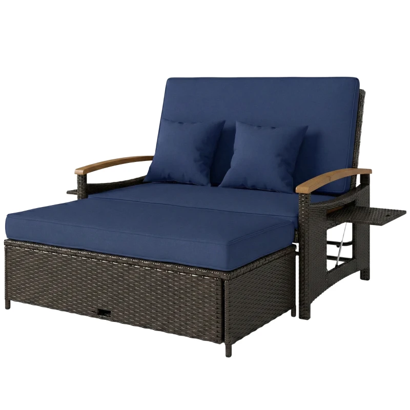4-in-1 Rattan Outdoor Daybed with 4-Level Adjustable Backrest, Storage Ottoman and Side Tables