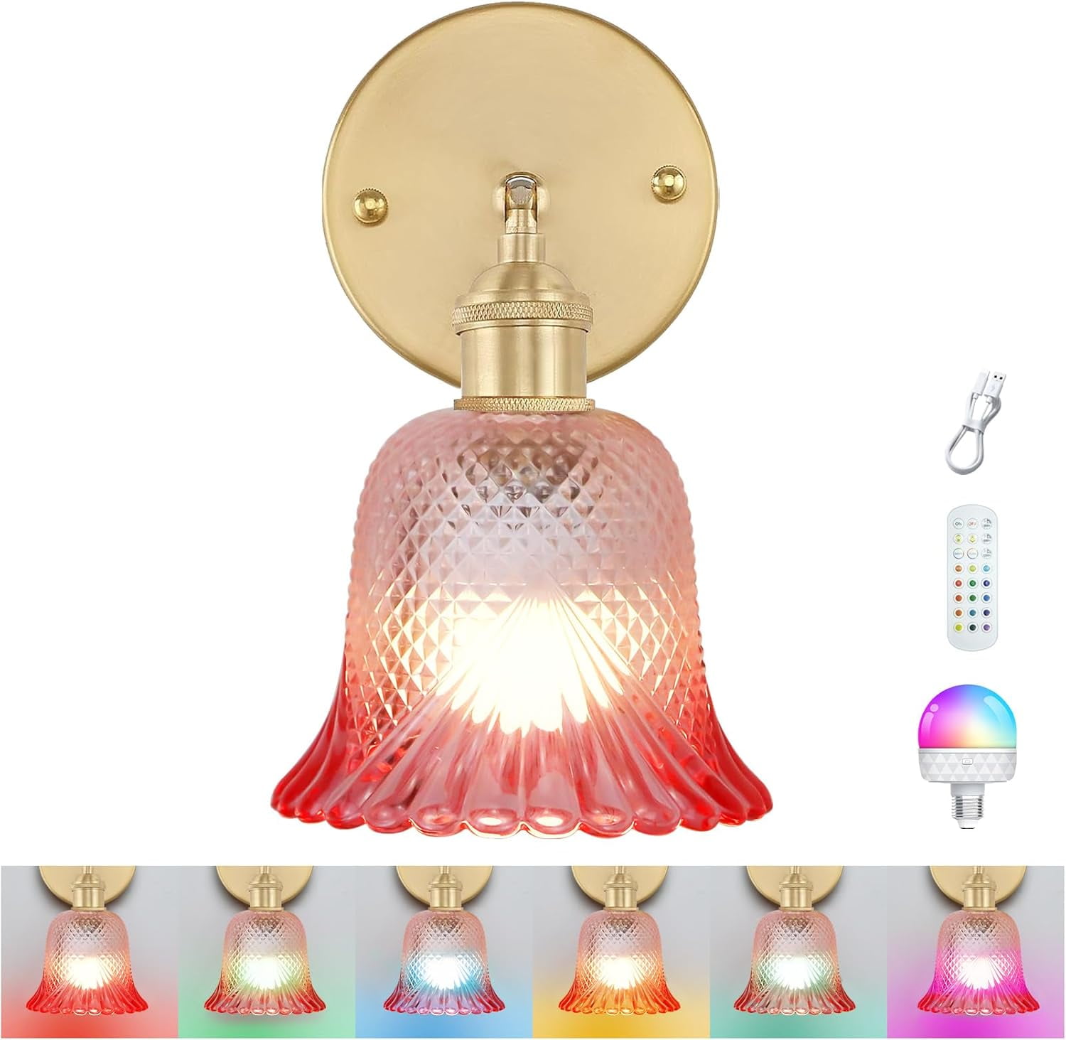 RGHJAR-Vintage Battery Operated Wall Sconce, with Rechargeable Battery Powered Wall Light with Remote Control for Bedside Bedroom