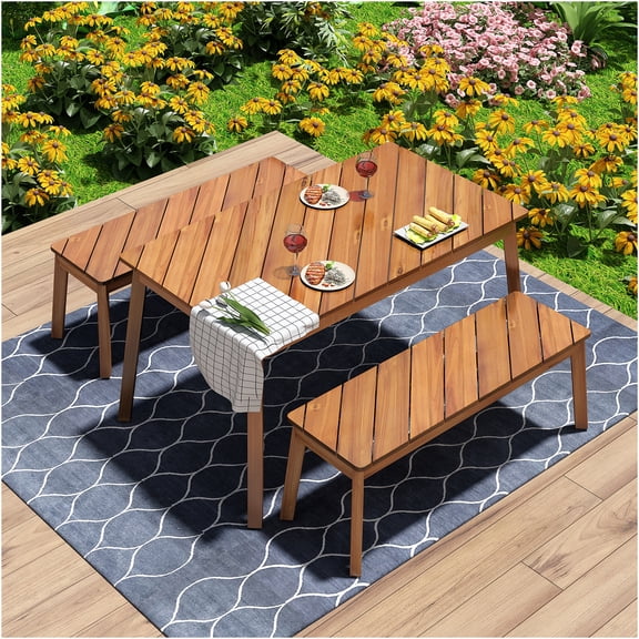 JERFIT 3-Piece Acacia Wood Picnic Table Set with 2 Benches, Diagonal Grain Patio Dining Set for Garden, Poolside, Porch, Indoor Outdoor Use